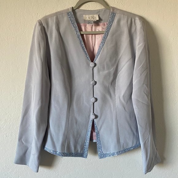 Cache Womens Blazer Jacket Silk Bead Button Down Size 10 Blue V Neck Business - Picture 1 of 15